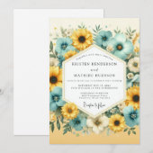 Teal Yellow Floral Bloom Wedding 招待状 (正面/裏面)
