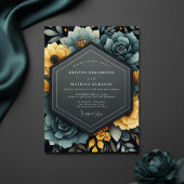 Teal Yellow Floral Bloom Wedding 招待状