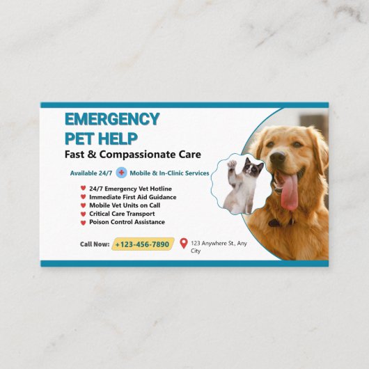 Teal & Yellow Pet Emergency Veterinary - Emergency 名刺 (正面)