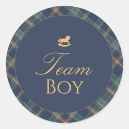 Team Boy Gender Reveal Voting Sticker Navy Plaid ラウンドシール