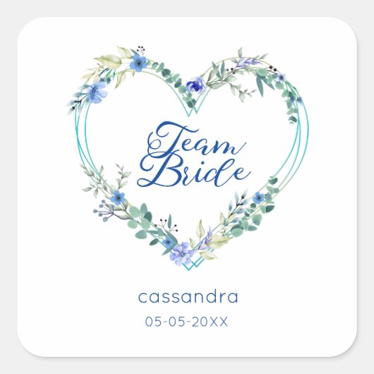 Team Bride Quote & Floral Blue Heart for Wedding スクエアシール (正面)