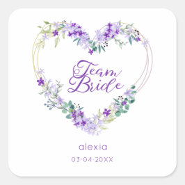 Team Bride Quote & Floral Purple Heart for Wedding スクエアシール