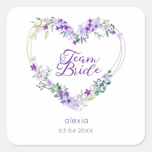 Team Bride Quote & Floral Purple Heart for Wedding スクエアシール (正面)