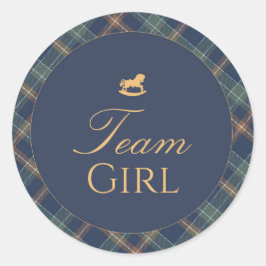 Team Girl Gender Reveal Voting Sticker Navy Plaid ラウンドシール