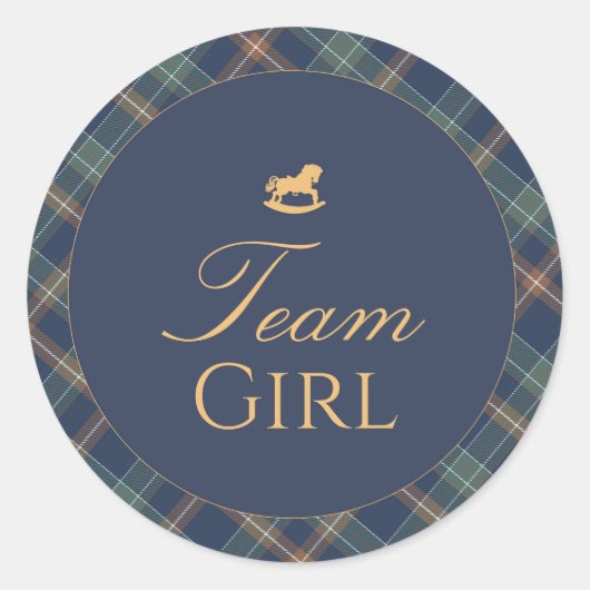 Team Girl Gender Reveal Voting Sticker Navy Plaid ラウンドシール (正面)
