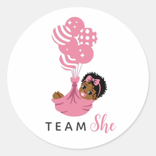 Team She Pink Balloon African American Baby Girl ラウンドシール (正面)