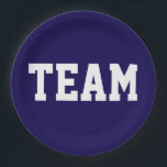 TEAM Sporty Athletic White Text On Deep Navy Blue ペーパープレート<br><div class="desc">This sporty design features athletic bold TEAM white text against deep navy blue background.   The colors and text in this design can be personalized.</div>