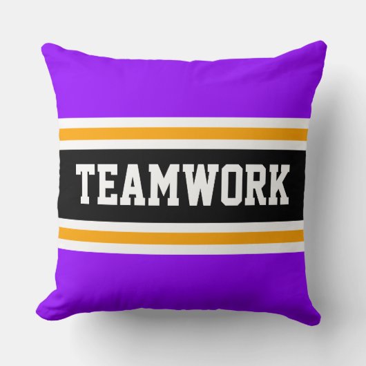TEAMWORKおもしろいパープル白黒レースストライプズ クッション (正面)