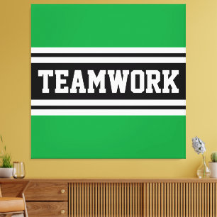 TEAMWORKアスレティックグリーン白黒レースストライプ キャンバスプリント