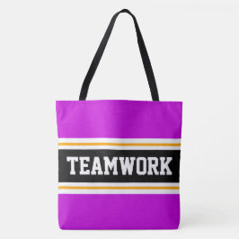 TEAMWORKスポーティピンク白黒レースストライプ トートバッグ
