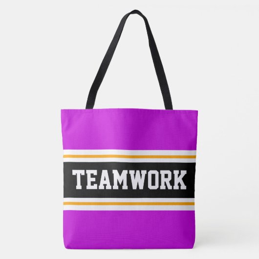 TEAMWORKスポーティピンク白黒レースストライプ トートバッグ (正面)