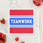 TEAMWORKスポーティ明るい青の白ストライプ赤 スタンダードランチョンナプキン (インサイチュ)