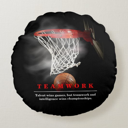 Teamwork Basketball Motivational Inspirational ラウンドクッション (正面)