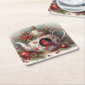 Teapot Birdhouse Cardinal 7 スクエアペーパーコースター (アングル)
