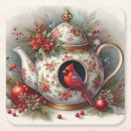 Teapot Birdhouse Cardinal 7 スクエアペーパーコースター