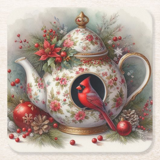 Teapot Birdhouse Cardinal 7 スクエアペーパーコースター (正面)