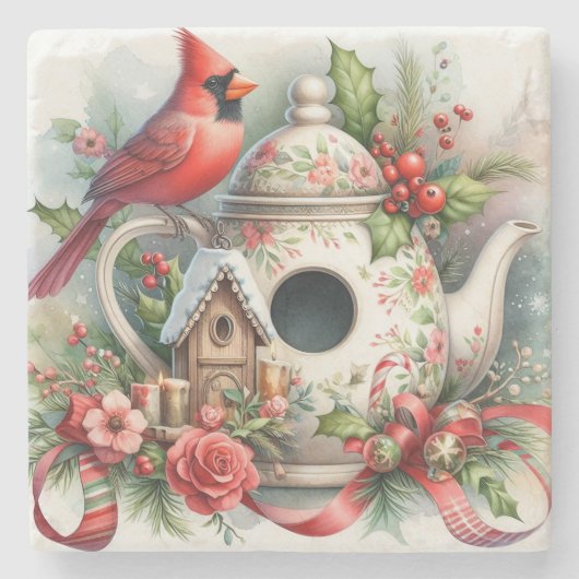 Teapot Birdhouse Cardinal 7 ストーンコースター (正面)