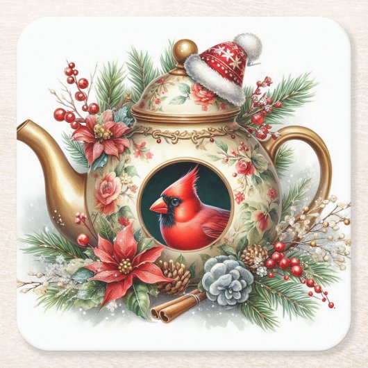 Teapot Birdhouse Cardinal 8 スクエアペーパーコースター (正面)