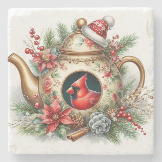 Teapot Birdhouse Cardinal 8 ストーンコースター (正面)