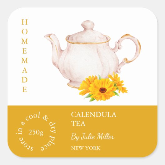 Teapot Calendula Tea Label スクエアシール (正面)