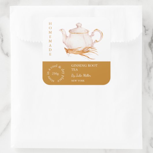 Teapot Ginseng Root Tea Label スクエアシール (バッグ)