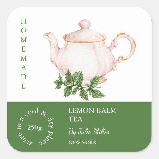 Teapot Lemon Balm Tea Label スクエアシール (正面)