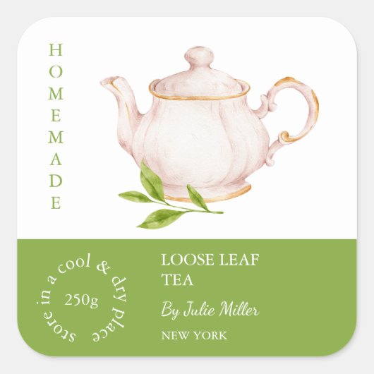 Teapot Loose Leaf Tea Label スクエアシール (正面)