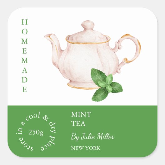 Teapot Mint Tea Label スクエアシール (正面)