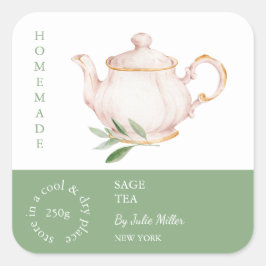 Teapot Sage Tea Label スクエアシール