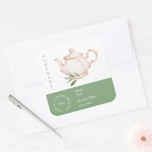 Teapot Sage Tea Label スクエアシール (封筒)