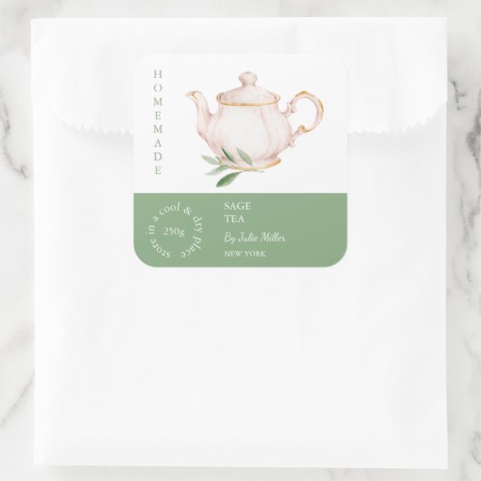 Teapot Sage Tea Label スクエアシール (バッグ)