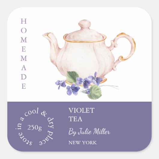 Teapot Violet Tea Label スクエアシール (正面)