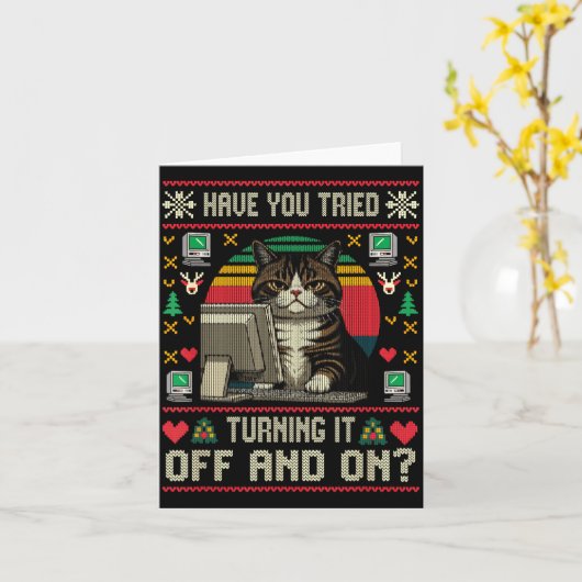 Tech Suprts Cat Engineer Computer Ugly Christmas S カード (黄色い花)
