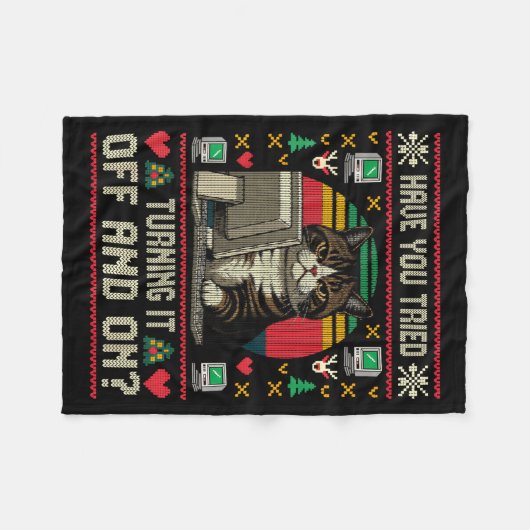 Tech Suprts Cat Engineer Computer Ugly Christmas S フリースブランケット (正面(横))