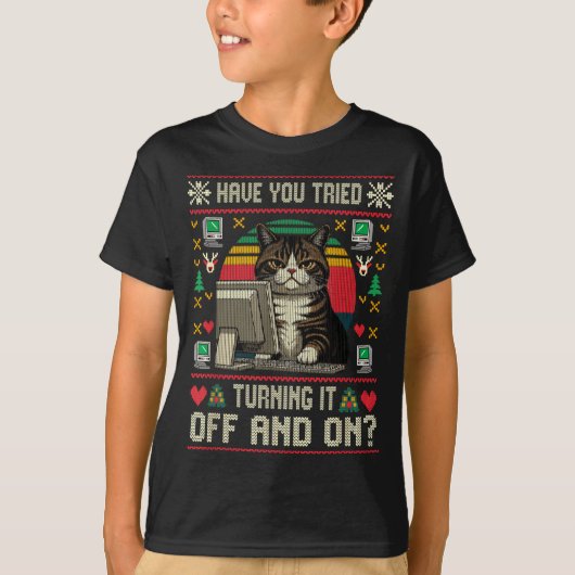 Tech Suprts Cat Engineer Computer Ugly Christmas S Tシャツ (正面)