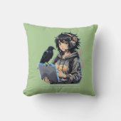 Techno-Mädchen mit Rabe und Laptop クッション (正面)