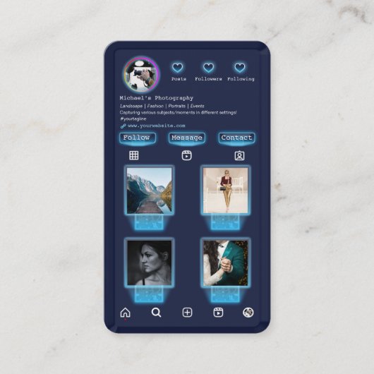 Techy IG写真の追加Photography Navy Blue QRコード 名刺 (正面)