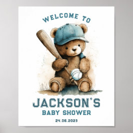 Ted Bear Baseball Player Boy Welcome Baby Shower ポスター
