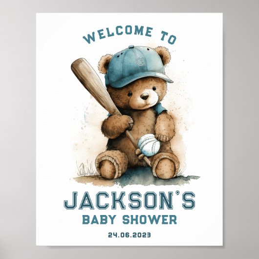 Ted Bear Baseball Player Boy Welcome Baby Shower ポスター (正面)