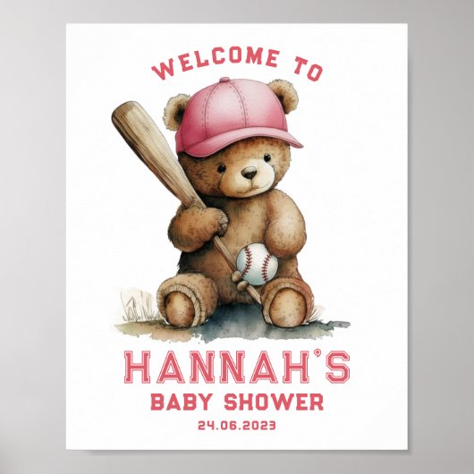Tedd Bear Baseball Player Boy Welcome Baby Shower ポスター (正面)