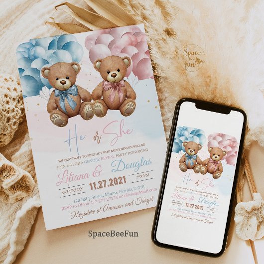 Teddi Bearベビーシャワー招待状HeまたはShe Gender 招待状