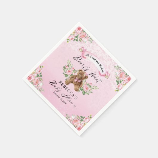 Teddyクマは明らかにピンクの女の子の赤ちゃんシャワーを待つことができる スタンダードカクテルナプキン (角)