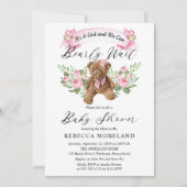 Teddyクマは明らかにピンクの女の子の赤ちゃんシャワーを待つことができる 招待状 (正面)