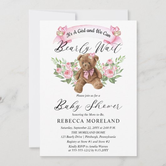 Teddyクマは明らかにピンクの女の子の赤ちゃんシャワーを待つことができる 招待状 (正面)
