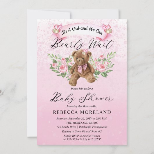 Teddyクマは明らかに待つことができピンクの女の子の赤ちゃんシャワーI 招待状 (正面)