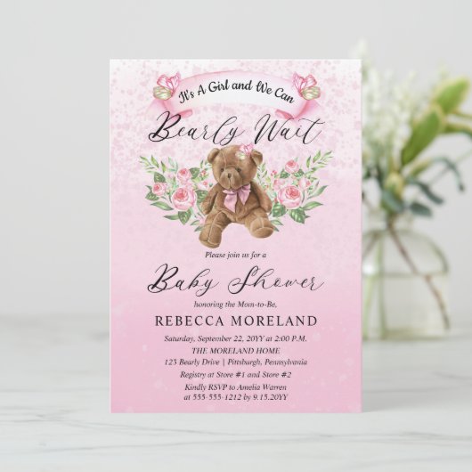Teddyクマは明らかに待つことができピンクの女の子の赤ちゃんシャワーI 招待状 (スタンド正面)