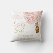 TeddyベアーピンクバルーンBaby Girl誕生統計 クッション (裏面)
