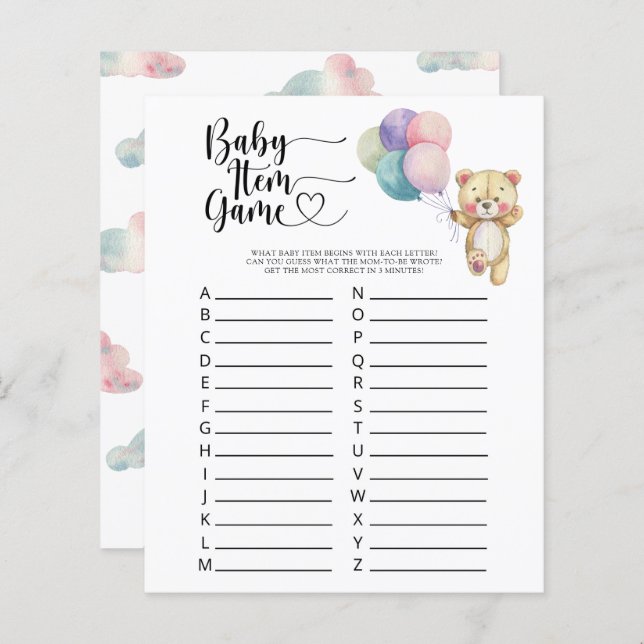 Teddy -ベビーアイテムゲーム。赤ちゃんシャワーゲーム (正面/裏面)