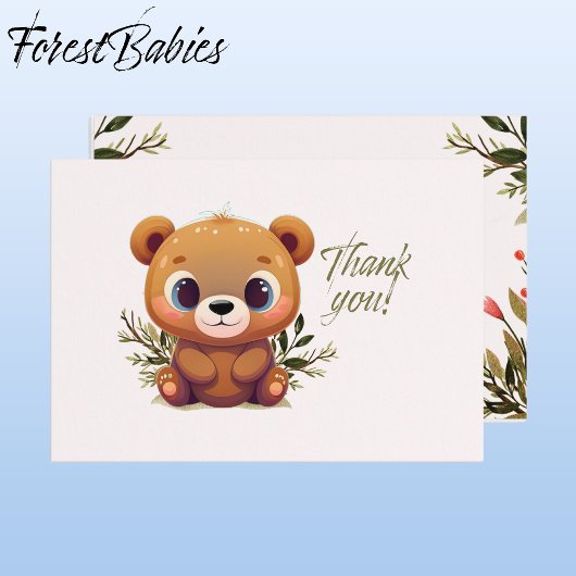 Teddy Bearかわいいピンクのフローラ葉ベビーシャワー🧸 サンキューカード