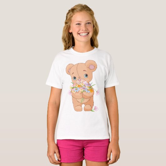 Teddy Bearが花束の女の子のTシャツを持つ Tシャツ (正面フル)
